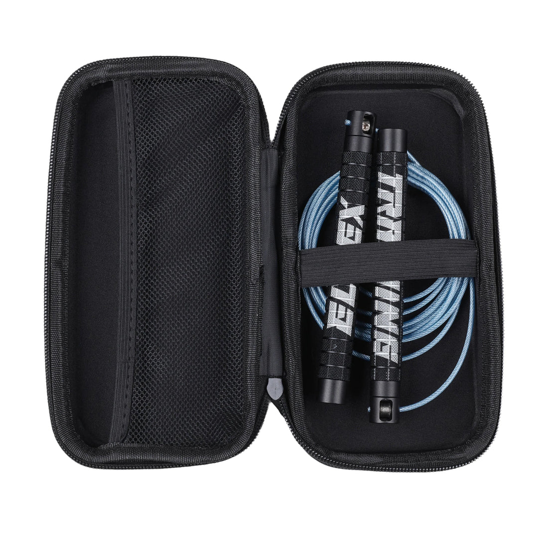 Corda de saltar PRO Preto Mate + Corda Azul dentro do estojo aberto