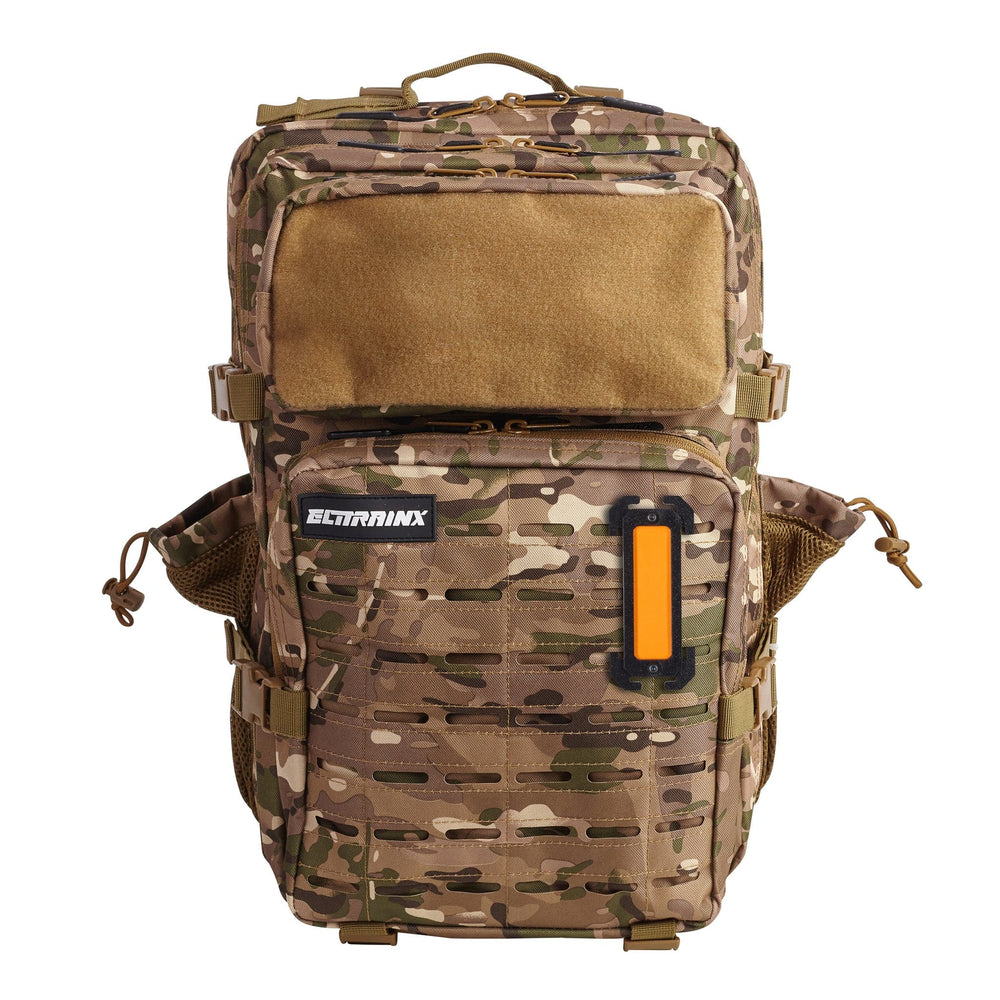 Camouflage backpack with an orange reflector placed on the front panel.