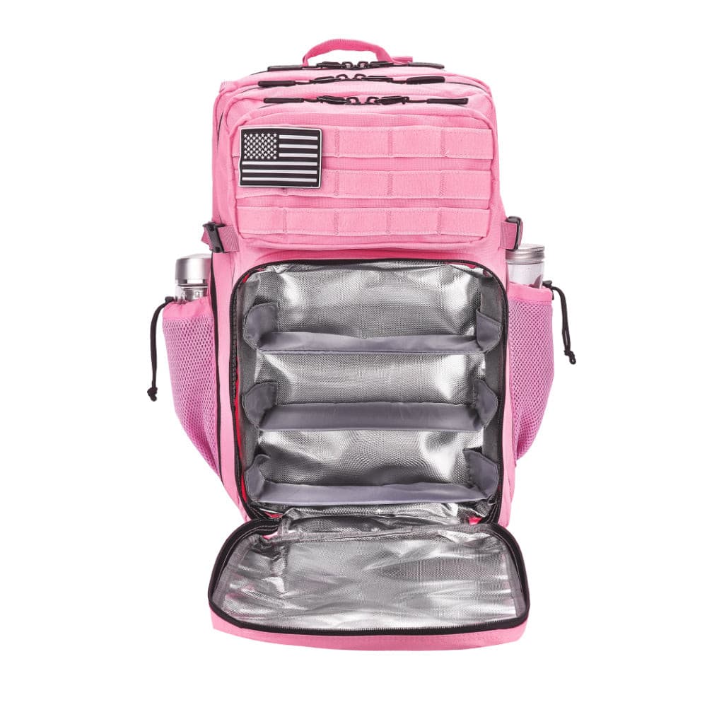 mochila militar rosa panelada con porta botellas laterales fitness y gym