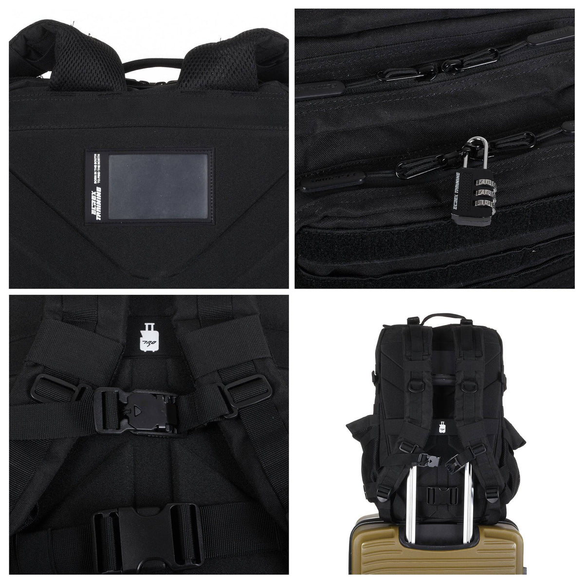 Mochila preta presa à alça de uma mala usando a alça traseira