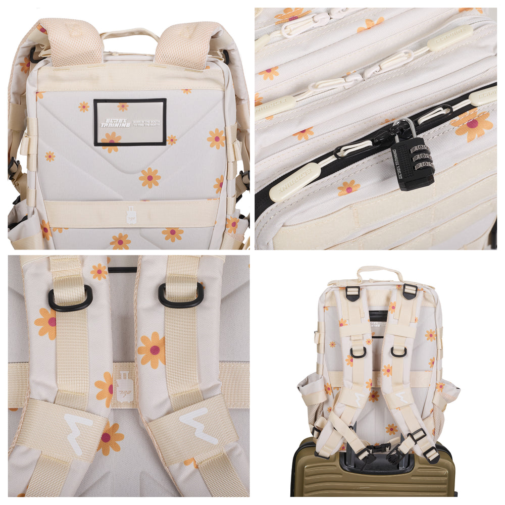 Detalhes da <tc>All In</tc> 25 L Margarita: identificação, fecho de correr, costas e fixação à mala