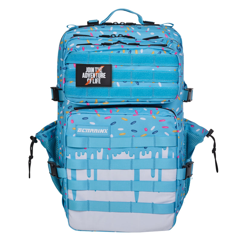 Mochila V1 de 45 L en estampado Blue Glazed, vista frontal.